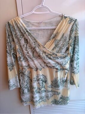 Sweet Pea Yellow and Sage Green Toile Wrap Top